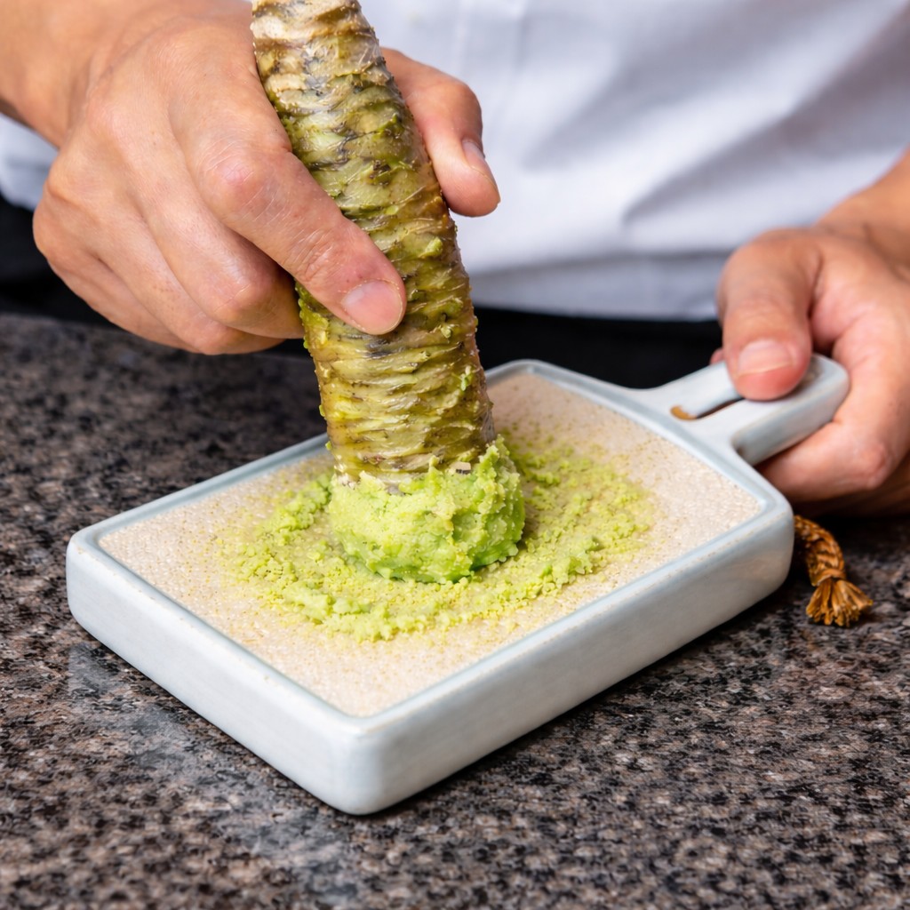Fresh wasabi preparation for omakase sushi